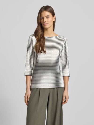 Kobiece model prezentuje Longsleeve mit 3/4-Ärmel von Windsor, mieszanka lyocellu i bawełny, krój regular fit, okrągły dekolt, rękaw o dł. 3/4, długość tyłu 58 cm w rozmiarze 36, delikatne paski, jasne odcienie, gładka tekstura, całkowity widok z przodu.