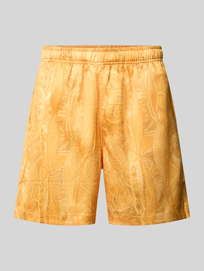 Produktfoto, Straight Fit Shorts mit elastischem Bund Modell 'Resort' von COLUCCI, elastyczna mieszanka materiałów, szerokość w rozmiarze M: 39 cm, długość wewnętrzna nogawki: 16 cm, żółty kolor, geometryczne wzory, gładka tekstura