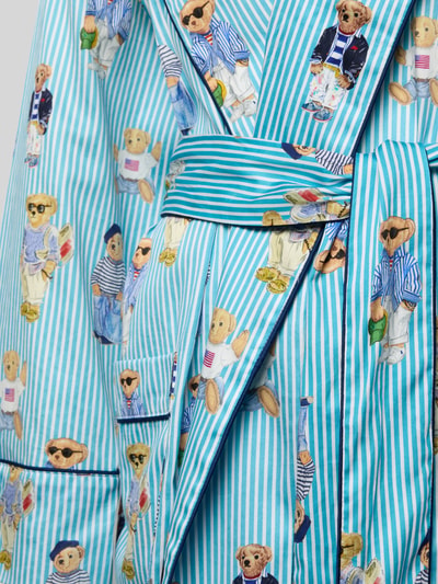 Produktfoto, Regular Fit Bademantel mit Polo Bear Print von Polo Ralph Lauren, blau-weiß gestreift, reine Baumwolle, Allover-Muster, Schalkragen, Taillengürtel, Brust- und Eingrifftaschen