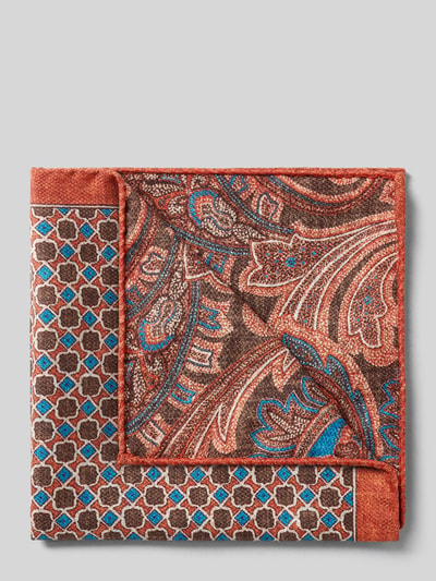 Produktfoto, Einstecktuch aus reiner Seide von Verugia, orange-blau gemustert, quadratisches Design, Größe 30x30 cm, strukturierte Oberfläche
