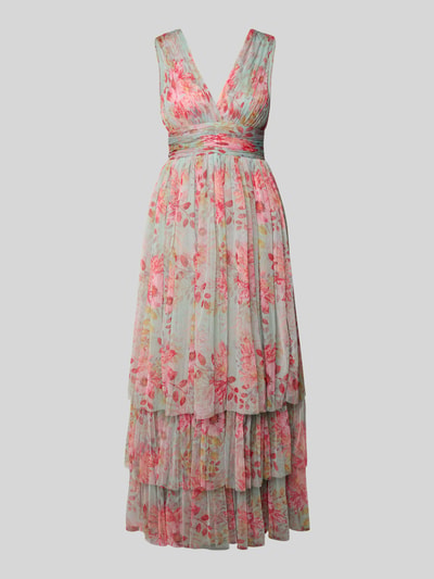 Produktfoto, Abendkleid mit Volantsaum und V-Ausschnitt von LACE & BEADS aus geblümtem Chiffon in A-Linie, Maxikleid mit mehrlagigem Volantsaum.