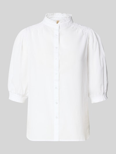 Produktfoto, weiße Regular Fit Bluse mit Stehkragen Modell 'CALISTE' von Soyaconcept aus Reine Baumwolle mit Puffärmel und Knopfleiste.