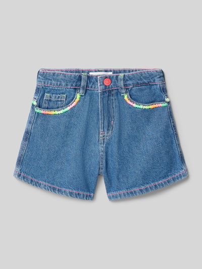 Produktfoto, Bermudas im 5-Pocket-Design von BILLIEBLUSH aus reiner Baumwolle, gerade Form, blaue Jeansoptik, bunte Details an den Taschen.