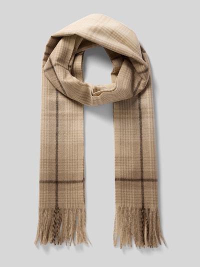 Produktfoto, Schal mit Viskose-Anteil von COMMA in Beige-Tönen, kariertes Muster, Strick-Optik, Fransen, rechteckige Form, Material-Mix