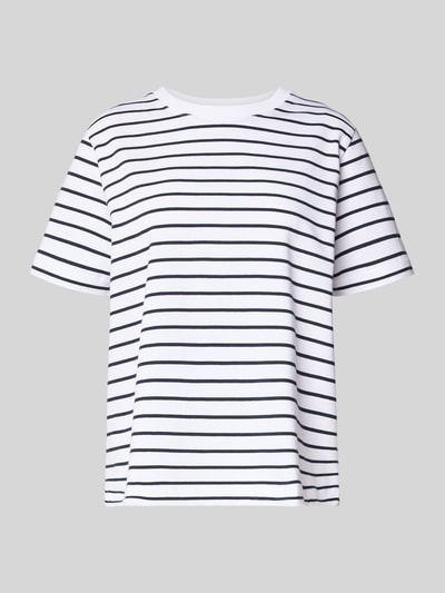 Produktfoto, T-shirt met ronde hals model 'CAMINO' van Samsøe Samsøe, wit met zwarte strepen, puur katoen, regular fit, ruglengte maat S 58 cm