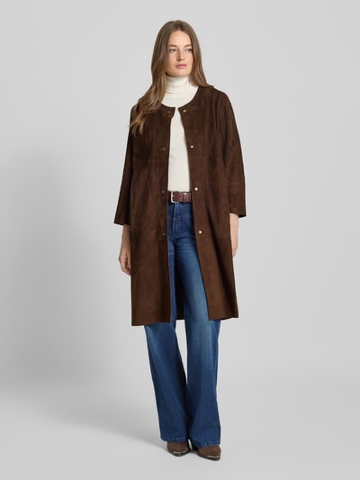 Marc Cain Regular Fit Ledermantel mit Rundhalsausschnitt und Knopfleiste Mittelbraun 1