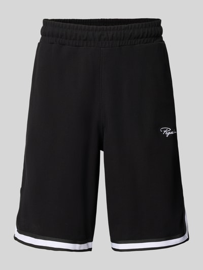 Produktfoto, schwarze Shorts mit weißem Kontraststreifen, elastischer Bund, Logo-Stitching, Modell 'Signar' von Pegador, reine Baumwolle, gerader Schnitt