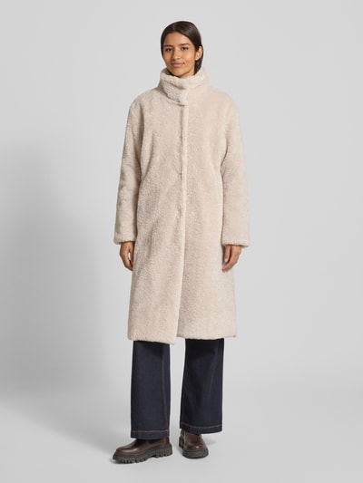 WHITE LABEL Regular fit lange jas van teddybont met opstaande kraag Ecru - 4