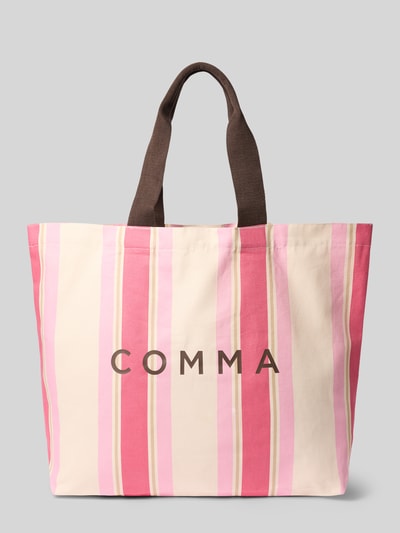 Produktfoto, Tote Bag mit Logo-Print von Comma, gestreifte Optik in Rosa, Pink und Creme, Reine Baumwolle, offenes Hauptfach, Lange Tragegriffe, Label-Print, Maße: Breite 48 cm, Länge 45 cm, Tiefe 14 cm, Schulterriemen 59 cm