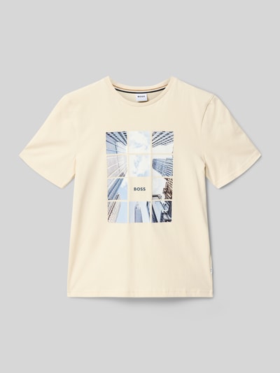 Produktfoto, Kinder T-Shirt Regular Fit T-Shirt aus Baumwoll-Mix von Boss in Optik: Unifarben mit Foto-Print und Label-Schriftzug auf Jersey.