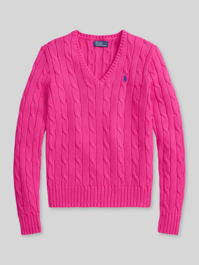 Productfoto, Regular Fit Strickpullover aus Woll-Kaschmir-Mix van Polo Ralph Lauren in effen felroze kabelbreisel, geribde zoom, logo-stiksel.