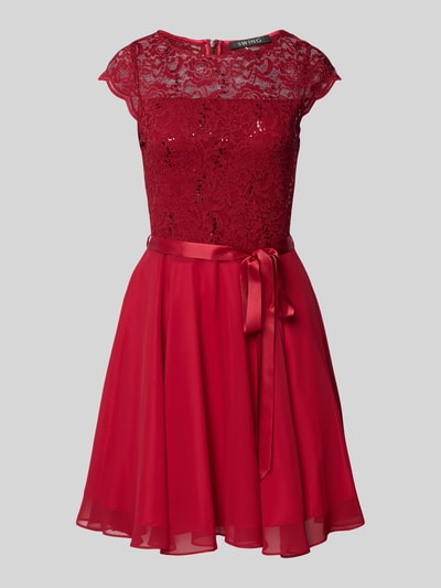 Swing Cocktailkleid mit Spitzenbesatz und Bindegürtel Rot 2