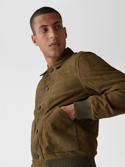 Officine Générale Lederjacke mit Knopfleiste Khaki 3