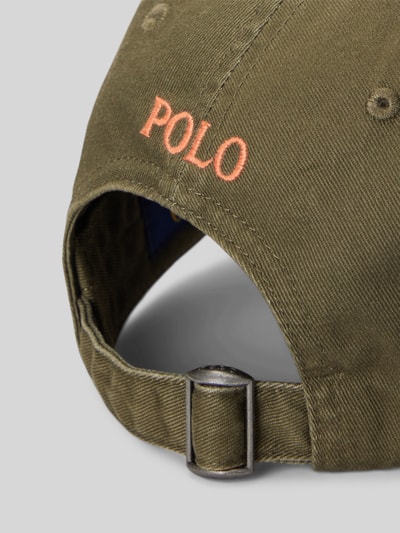 Produktfoto, Basecap aus reiner Baumwolle von Polo Ralph Lauren in Olivgrün mit gesticktem Logo, verstellbarer Riegel und Webstruktur.