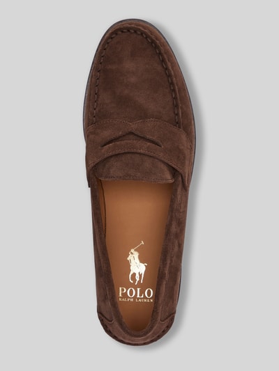 Produktfoto, Loafer aus Veloursleder von Polo Ralph Lauren in Braun, unifarben, abgerundete Spitze, Blockabsatz, strukturierte Sohle, echtes Leder