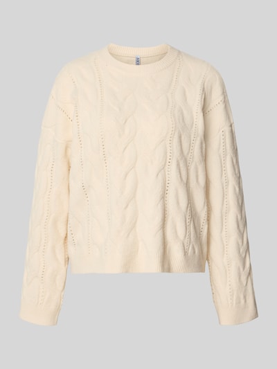 Produktfoto, cremefarbener Relaxed Fit Pullover mit Rundhalsausschnitt Modell 'KATHY' von PIECES, grobe Strickstruktur, Damen Pullover