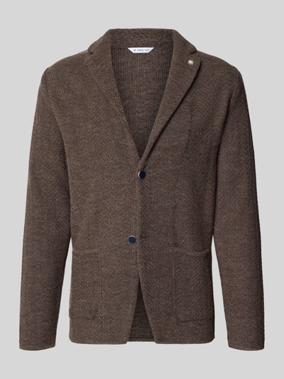 Produktfoto, brauner Cardigan mit Schurwoll-Anteil in Strick-Optik von Manuel Ritz, Reverskragen, aufgesetzte Taschen, Regular Fit, Material-Mix