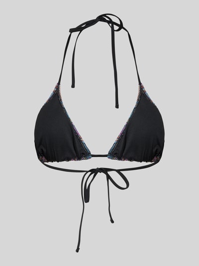 Produktfoto, Bikini-Oberteil mit Allover-Muster von Pieces, Optik:Allover-Muster, Trägerform: Neckholder, ohne Bügel, vorgeformt, gefüttert, herausnehmbar, Verschluss: Schnürung, schwarzer Stoff mit bunten Kanten, glatte Textur