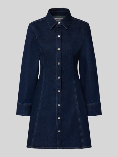 Productfoto, Regular Fit Minikleid in Denim-look model 'Classic' van Calvin Klein Jeans, elastische katoenmix, lange mouwen, overhemdkraag, volledige knoopsluiting, sportmanchetten, donkerblauw, zichtbare textuur