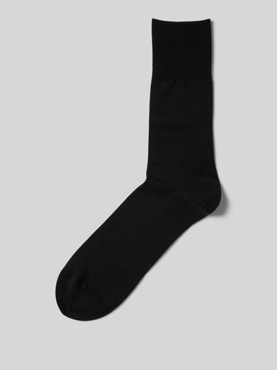 Produktfoto, Socken mit geripptem Abschluss von Falke in Schwarz, Schurwoll-Baumwoll-Mix mit Stretch-Anteil, körpernaher Schnitt, gerippter Abschluss