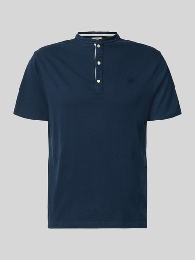Produktfoto, T-Shirt mit kurzer Knopfleiste von Superdry aus Baumwoll-Mix mit Leinen-Anteil, Regular Fit, dunkelblau, Polokragen, Logo-Stitching