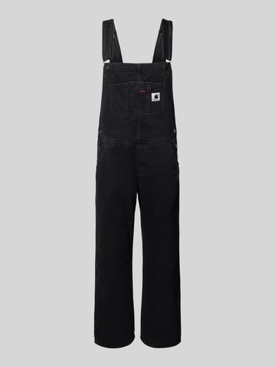 Produktfoto, Latzhose mit Brusttasche und Label-Patch von Carhartt Work In Progress aus Reine Baumwolle in Schwarz, Straight Fit, sichtbare Struktur, verstellbare Träger mit Hakenverschluss, seitliche Eingrifftaschen und Gesäßtaschen, Damen Modell, Rückenlänge 32 cm, Brustweite 40 cm, Gesamtlänge 133 cm, Innenbeinlänge 78 cm.