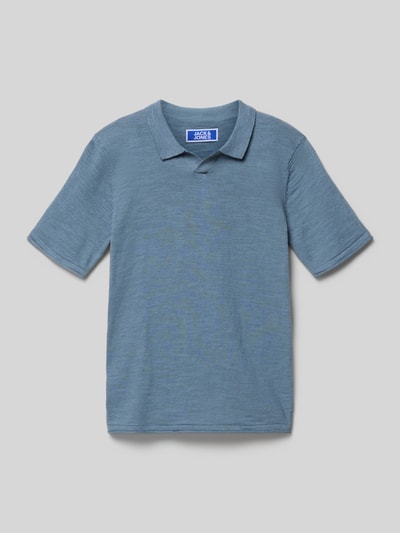 Produktfoto, Poloshirt mit V-Ausschnitt Modell 'KANE' von Jack & Jones in Blau, reine Baumwolle, Regular Fit, glatte Textur, Kindergröße 140