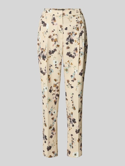 Produktfoto, Feminine Fit Hose im all-over look van Marc Cain, Materiaalmix met stretch, high waist, bandplooien, beige met bloemenmotief