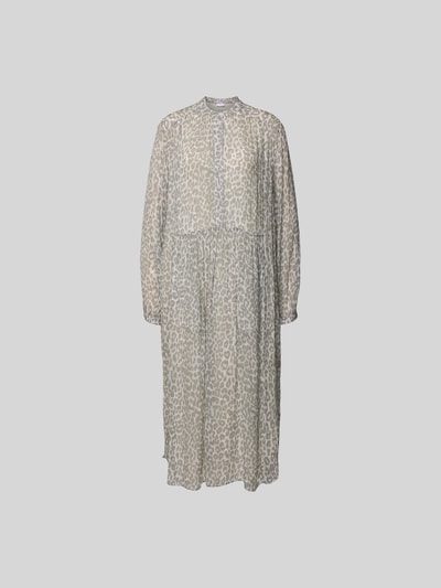 Produktfoto, Midikleid mit Allover-Animal-Print von Lala Berlin aus reiner Viskose, semitransparent, relaxed Fit, Knopfleiste, langärmelig, grau-beige Muster.