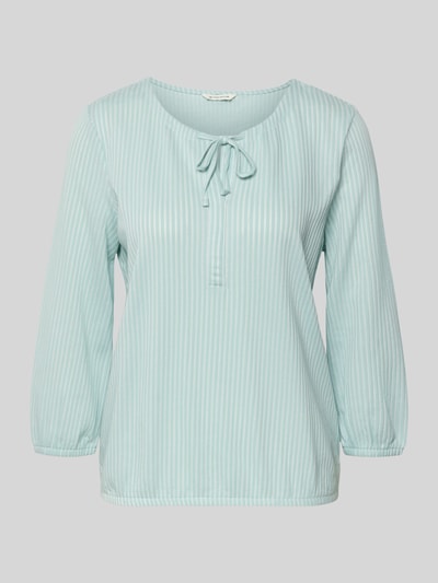 Produktfoto, Regular Fit T-Shirt aus Baumwoll-Mix von Tom Tailor in Pastellgrün, feine Streifen, V-Ausschnitt, Langarm, elastische Abschlüsse, unifarbene Optik, Material Feinripp, Damen