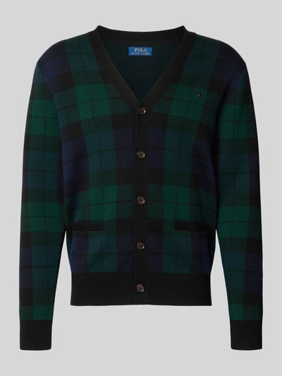 Produktfoto, Regular Fit Strickjacke aus reiner Wolle von Polo Ralph Lauren, granatowo-zielony wzór w kratę, tekstura dzianiny, kontekst: Herren Strickjacke von Polo Ralph Lauren