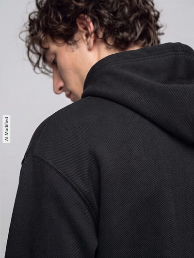 Mannenmodel draagt zwarte Comfort Fit Hoodie uit katoenmix model 'ESS ELEVATED' van PUMA Performance, detailopname rug, KI-modificeerd beeld