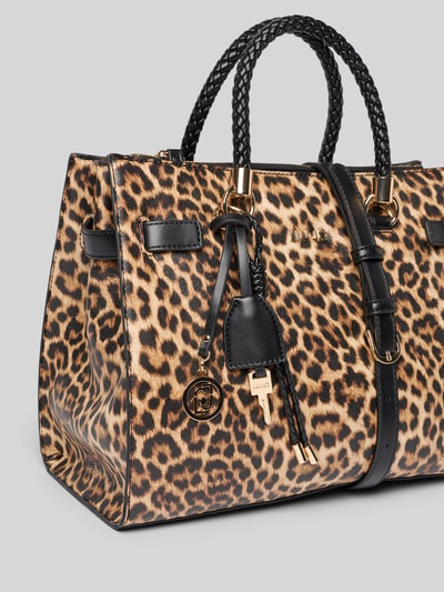 Produktfoto, Tote Bag mit Allover-Animal-Print von Liu Jo White, braun-schwarzes Leopardenmuster, geflochtene Henkel, goldene Details, sichtbares geteiltes Hauptfach mit Magnetverschluss sowie Logo-Applikation, feine Oberflächenstruktur