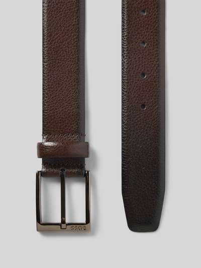 Produktfoto, brauner Gürtel aus echtem Rindsleder mit geprägter Textur und Metallschließe, Gürtel aus echtem Rindsleder mit Logo-Detail Modell 'Elloy-Gr_Sz35' von BOSS, Herren Gürtel