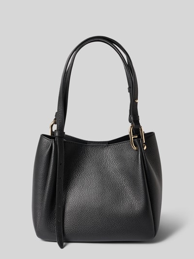 Productfoto, Handtasche aus echt leer met logodetail Model 'Nuvola' van FURLA, Hoofdvak met magneetsluiting, verstelbare schouderband, logodetail, binnenvak met ritssluiting, breedte maat 1: 22 cm, lengte maat 1: 23 cm, diepte maat 1: 17 cm, bandlengte maat 1: 78 cm, zwarte kleur, fijne structuur, ronde vormen