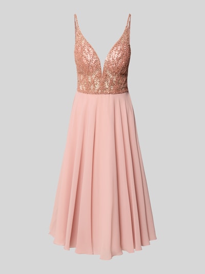 Produktfoto, Regular Fit Minikleid mit Ziersteinbesatz von Hey Kyla, rosa, semitransparent, tiefer V-Ausschnitt, Spaghettiträger.