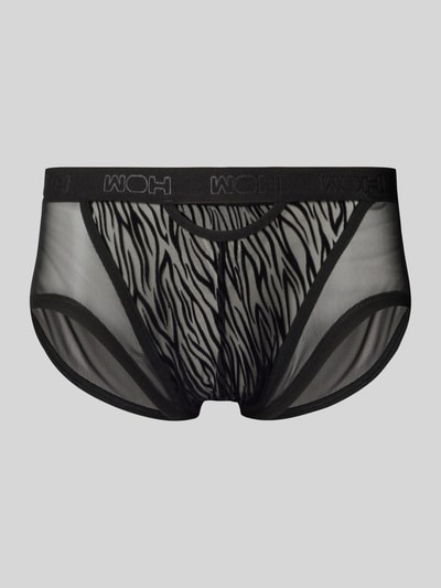 Produktfoto, Briefs mit Cut Out Modell 'Personal Allure' von WOH, schwarz, semitransparent, Zebra-Muster, elastischer Logo-Bund, Stretch-Material