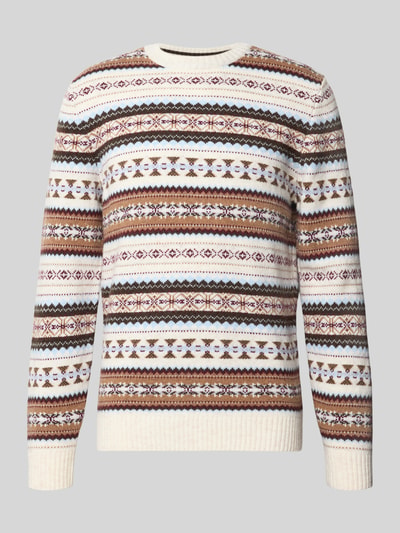 Produktfoto, Slim Fit Strickpullover aus Baumwoll-Mix mit Rundhalsausschnitt von MCNEAL, Muster in Braun und Creme, gerippte Abschlüsse, Herren Strickpullover