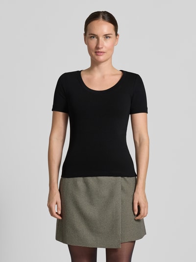 Vrouwenmodel draagt zwart Regular Fit T-shirt uit mix van katoen en modal model 'WKDMULTIJ' van Weekend Max Mara, dames t-shirt, frontale opname van het hele lichaam.