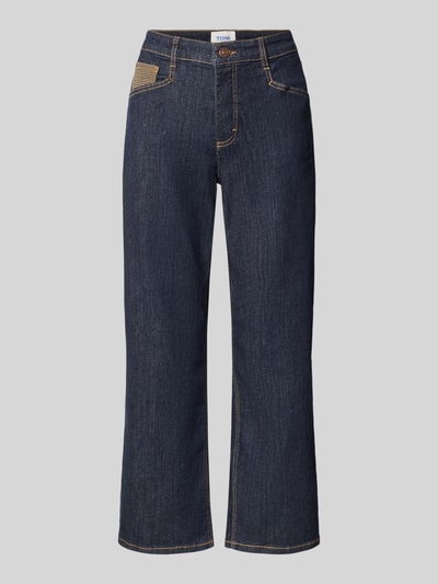 Productfoto, donkerblauwe Barrel Jeans uit katoenmix met beige stiksels en lichte textuur, Barrel Jeans aus Baumwoll-Mix Modell 'Liv' van TONI, dames Barrel Jeans van TONI