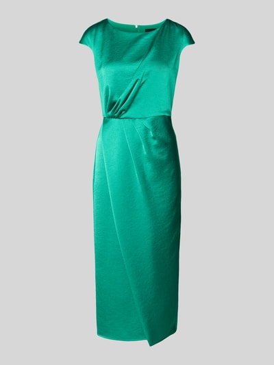 Produktfoto, Midikleid aus Satin mit Drapierungen von Marc Cain, zielony, prosty krój, okrągły dekolt, tekstura satynowa, zamek z tyłu, długość pleców w rozmiarze 36: 38 cm, szerokość w rozmiarze 36: 37 cm