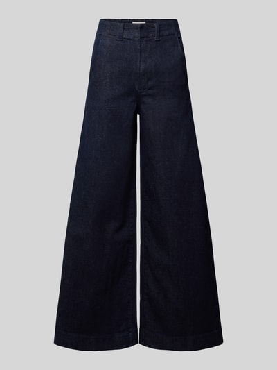 Produktfoto, Wide Leg Jeans mit Eingrifftaschen von Stefanel in dunklem Blau, Baumwoll-Elasthan-Mix, strukturierte Oberfläche, Hakenverschluss, sichtbare Bundweite und lange, weite Hosenbeine auf hellem Hintergrund.