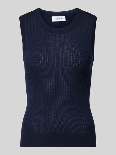 Produktfoto, Slim Fit Pullunder aus reiner Wolle von Lacoste in Strickoptik mit gestreifter Struktur, Logo-Detail, Rundhals, Rippstrick