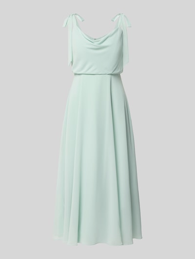 Produktfoto, Knielangens Cocktailkleid mit Zierschleifen von Jake*s Cocktail in Mint, blickdichter Unterrock, Taillierte Passform, Ärmelloses-Design, Zierschleifen-Applikation, Knielänge, glatte fließende Struktur, Brustweite 33 cm bei Größe 36, Rückenlänge 97 cm