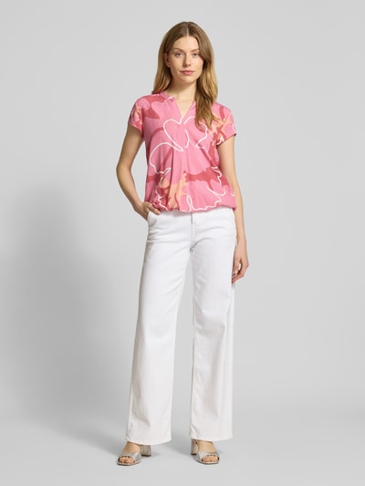 Tom Tailor Loose Fit Kurzarmbluse aus reiner Viskose mit Tunikakragen Pink 1