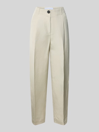Produktfoto, Barrel Fit Hose mit Bügelfalten von Style Icon Collection in Beige, reine Baumwolle, glatte Textur, Bund mit Knopfverschluss.