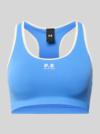 Productfoto, Sport-BH met logo-print en low support van P.E Nation, blauw met witte details, materiaal-mix met stretch, uitneembare cups, ronde hals, racerback.