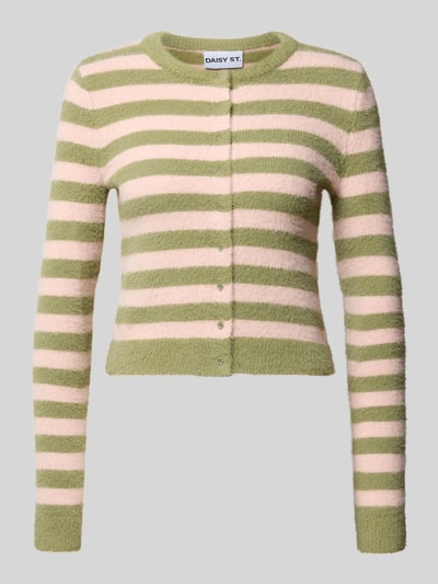 Produktfoto, Strickjacke im Allover-Look Modell 'FUZZY' von DAISY STREET, Slim Fit, Rundhalsausschnitt, grün-beige Streifen, flauschige Textur