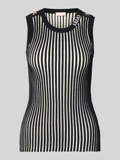 Produktfoto, Stricktop aus Viskose-Mix mit Zierknöpfen von LIU JO SPORT, Slim Fit, Ripp-Optik, Label-Detail, Schwarz-Weiß, Rundhalsausschnitt.