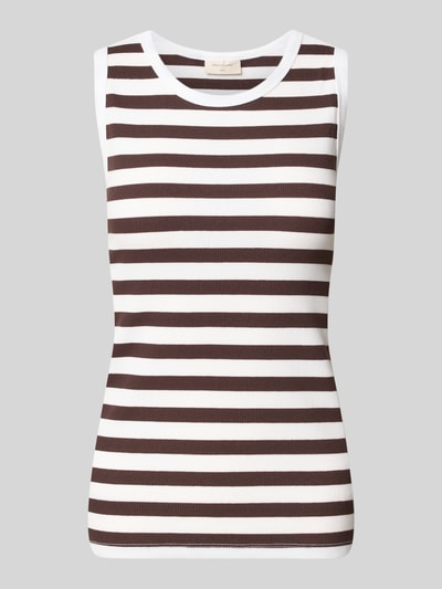 Produktfoto, Slim Fit Top mit Rundhalsausschnitt Modell 'Effy' von FREE/QUENT im braun-weißen Streifendesign, elastischer Baumwoll-Mix.